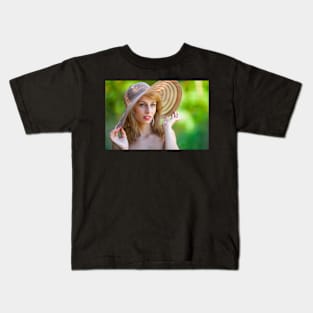 Beautiful blonde with hat outdoors Kids T-Shirt